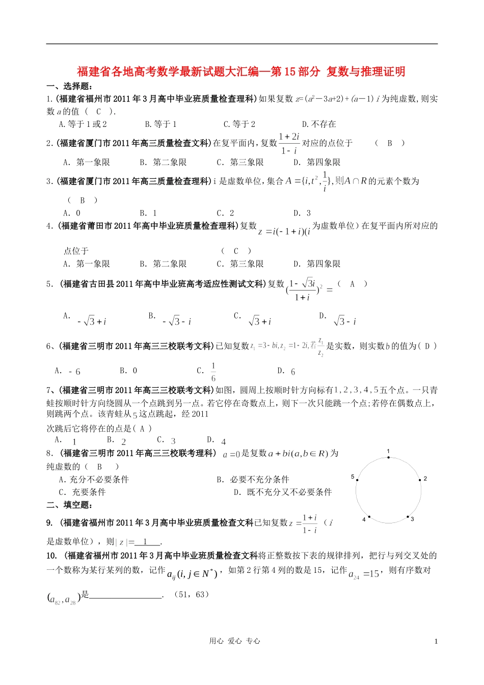 福建省高考数学试题分类大汇编 第15部分 复数与推理证明_第1页