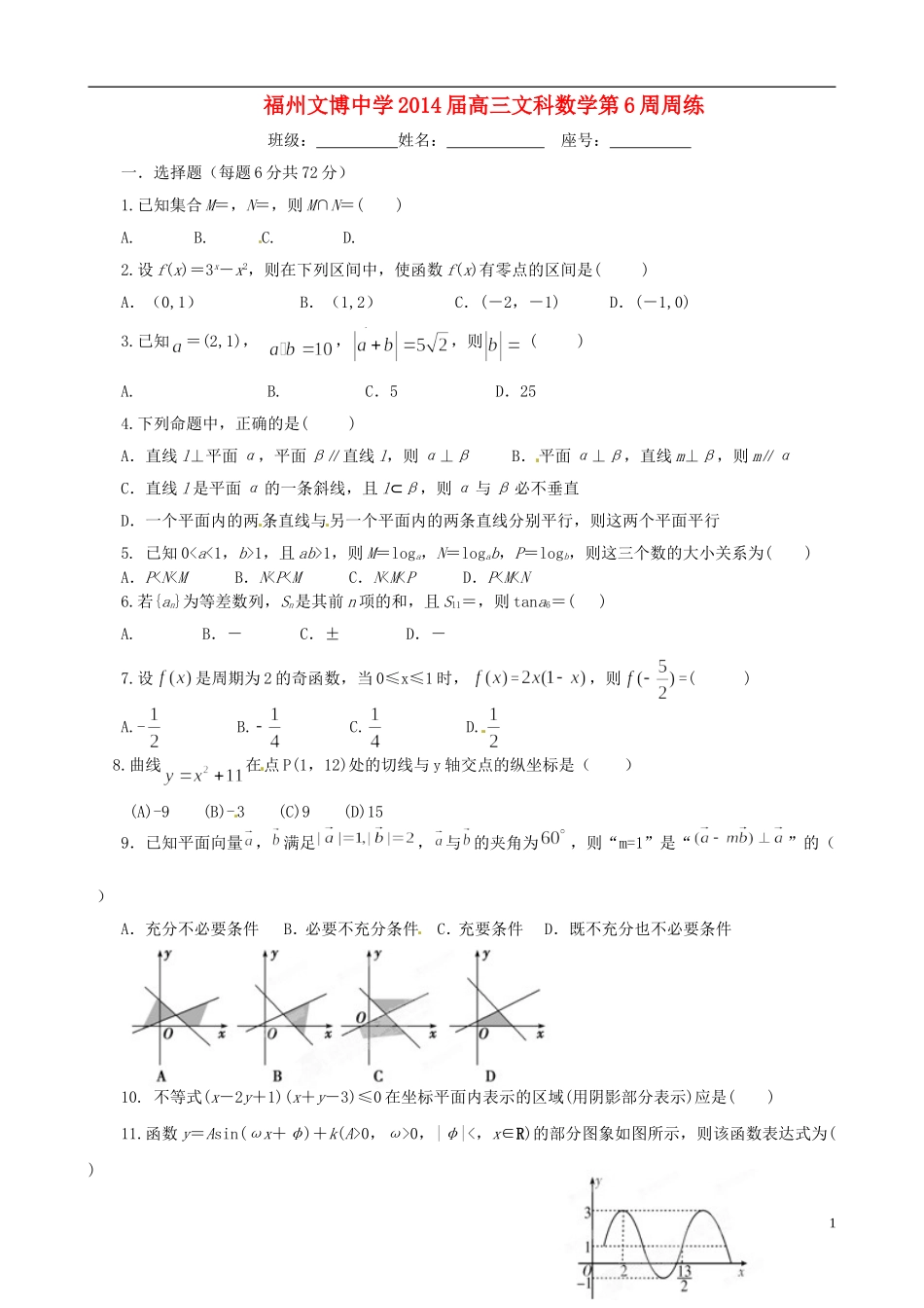 福建省福州文博中学高三数学 第6周周练试题 文_第1页
