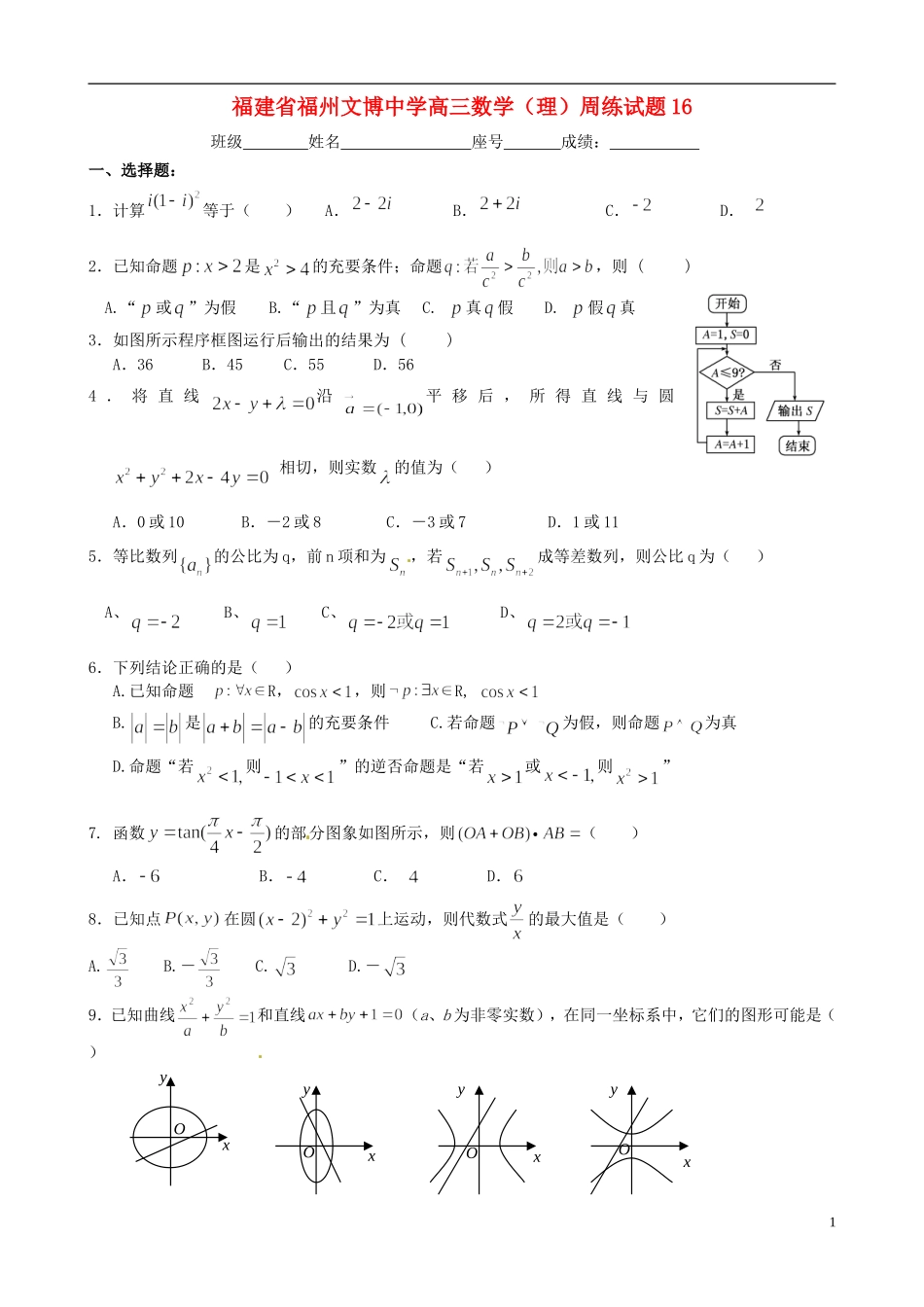 福建省福州文博中学高三数学 周练试题16 理_第1页