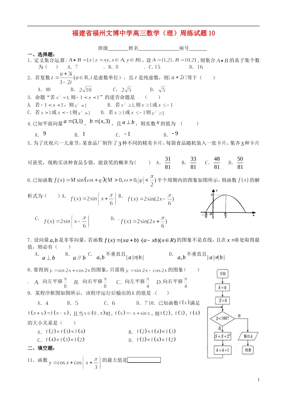 福建省福州文博中学高三数学 周练试题10 理_第1页