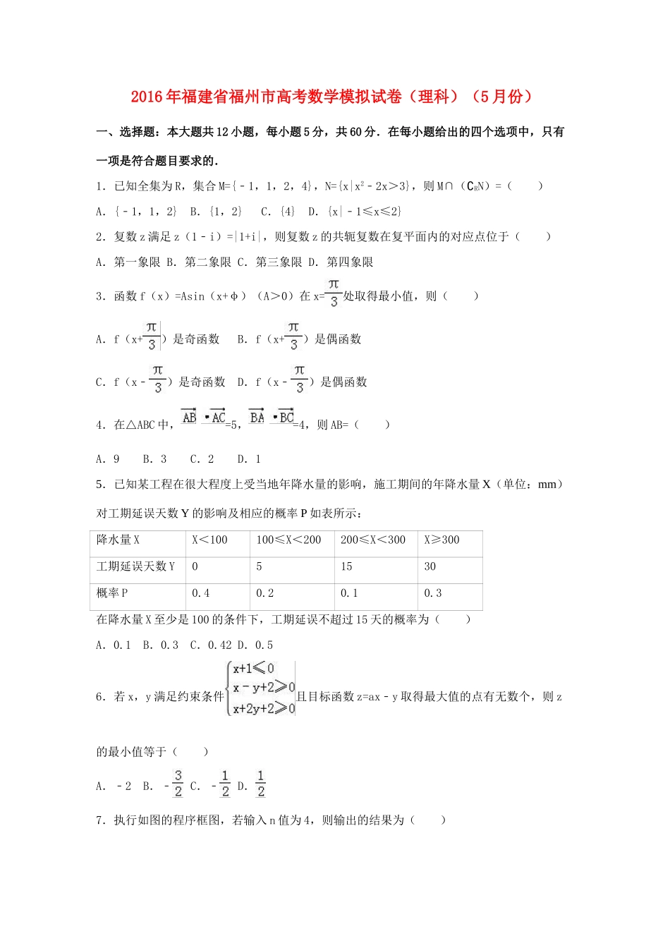 福建省福州市高考数学5月模拟试卷 理（含解析）-人教版高三全册数学试题_第1页