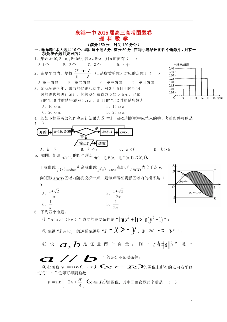 福建省泉港一中高考数学围题卷 理-人教版高三全册数学试题_第1页