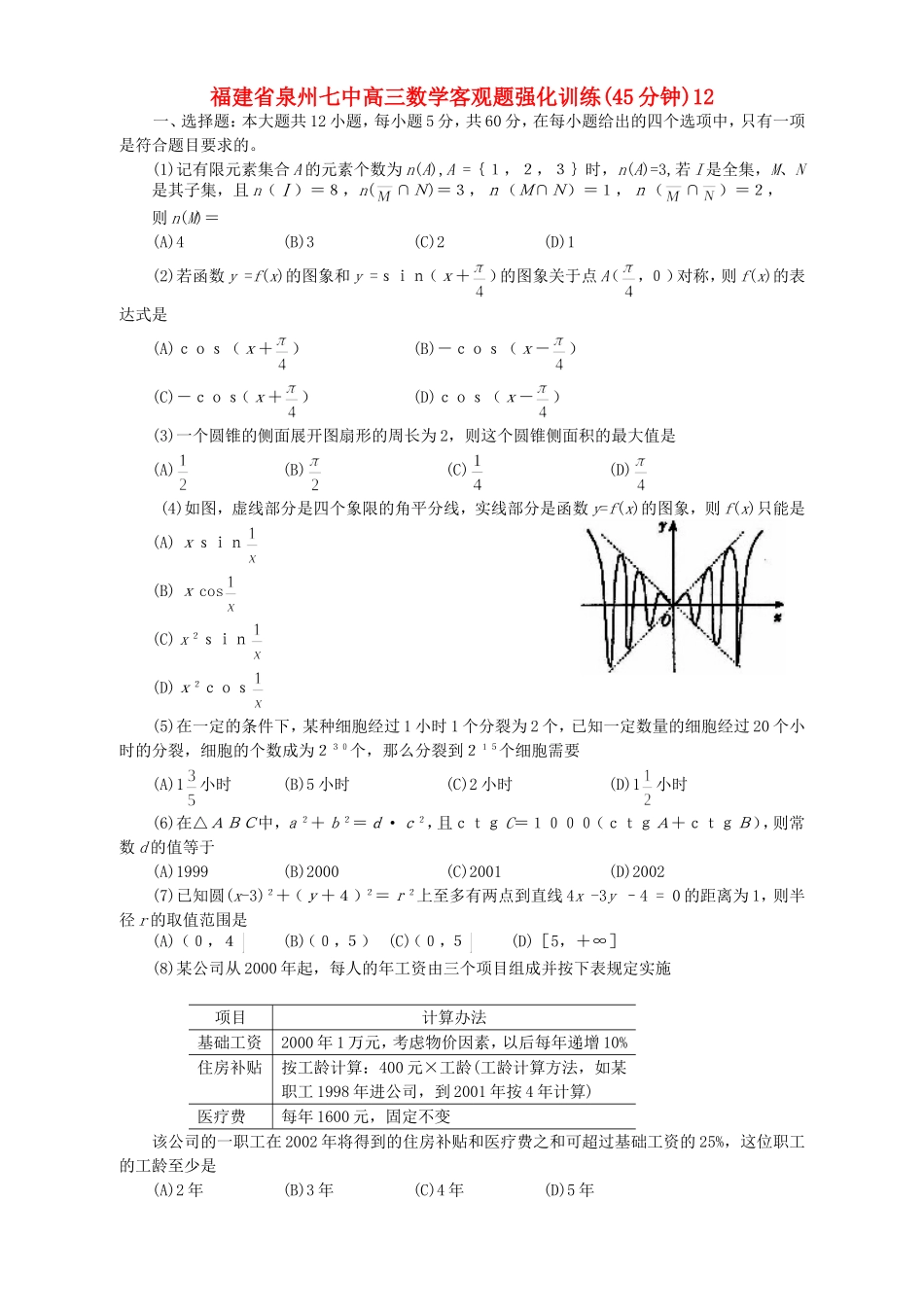 福建省泉州七中高三数学客观题强化训练(45分钟)12_第1页
