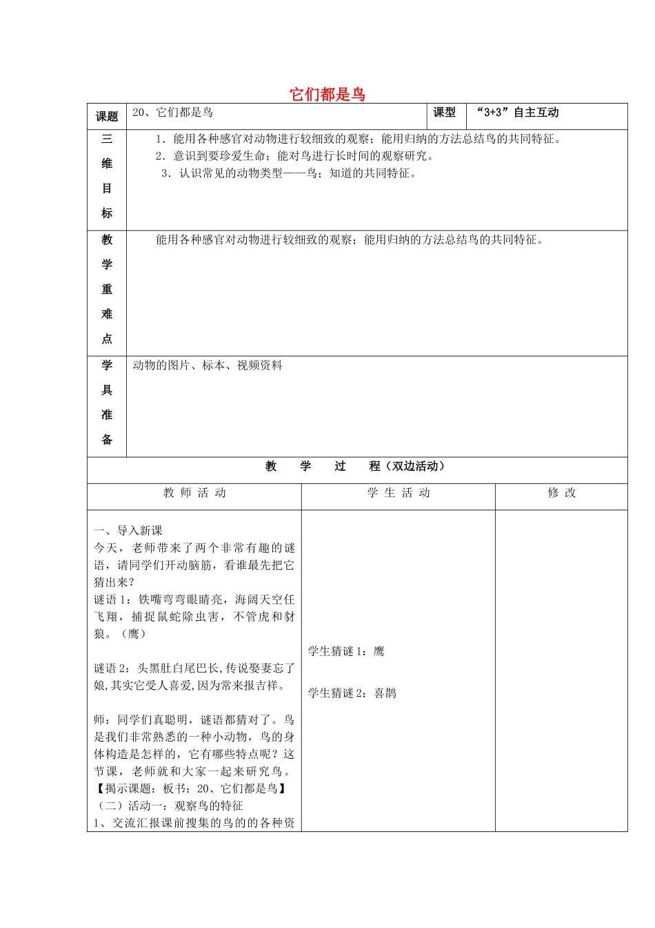 三年级科学下册《它们都是鸟》教案5 青岛版_第1页