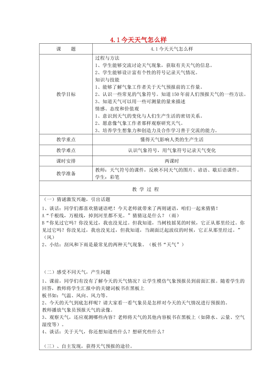 三年级科学下册 第四单元 关心天气 1 今天天气怎么样教案 苏教版-苏教版小学三年级下册自然科学教案_第1页