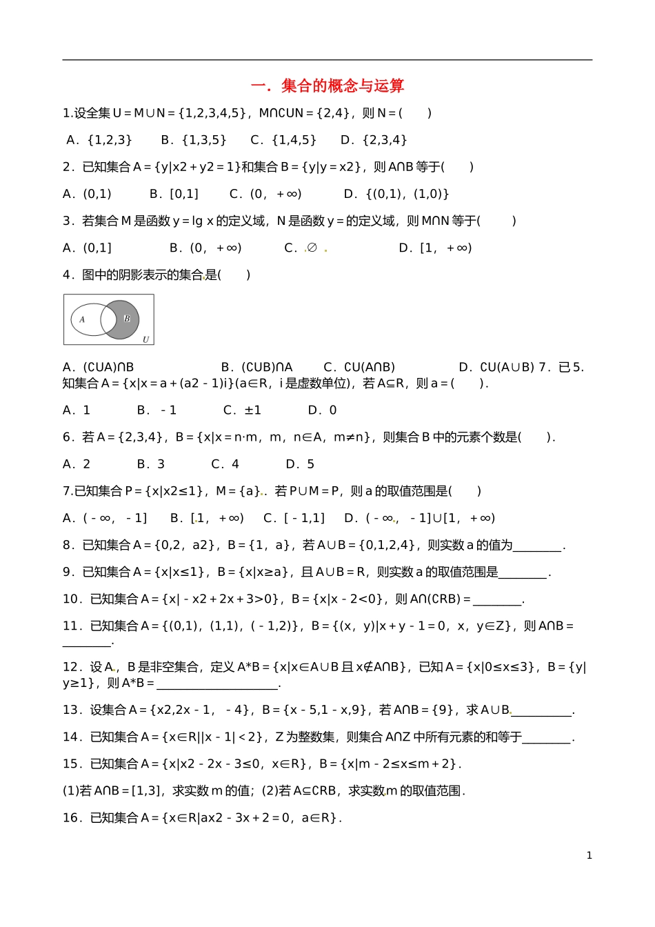 福建省晋江市毓英中学高考数学二轮复习 分块小题 一.集合的概念与运算_第1页