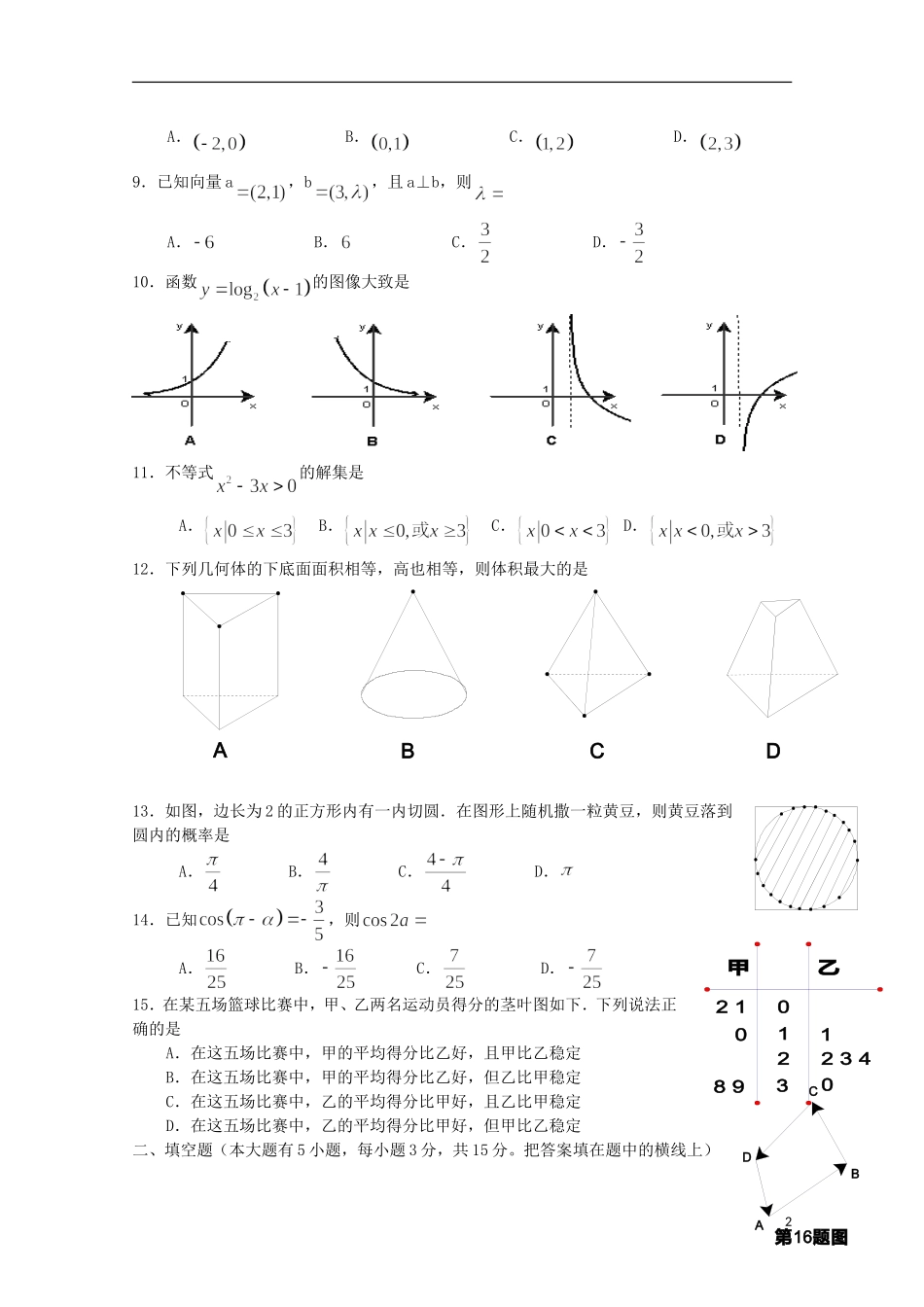 福建省春季高考数学高职单招模拟试题（1）-人教版高三全册数学试题_第2页