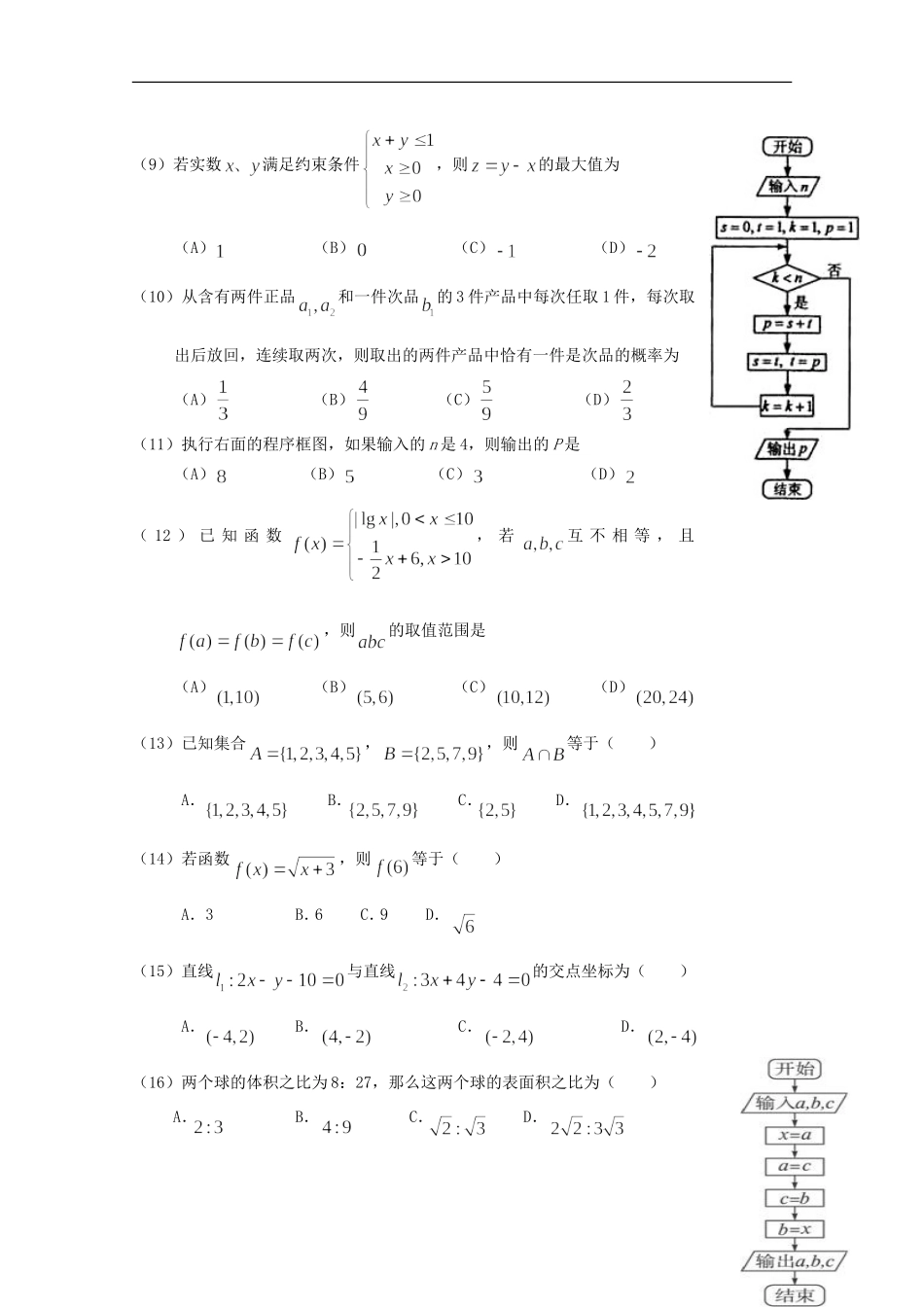 福建省春季高考数学高职单招模拟试题（3）-人教版高三全册数学试题_第2页