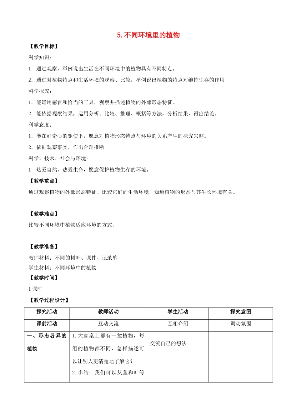 三年级科学下册 第二单元 植物与环境 5 不同环境里的植物教案4 苏教版-苏教版小学三年级下册自然科学教案_第1页