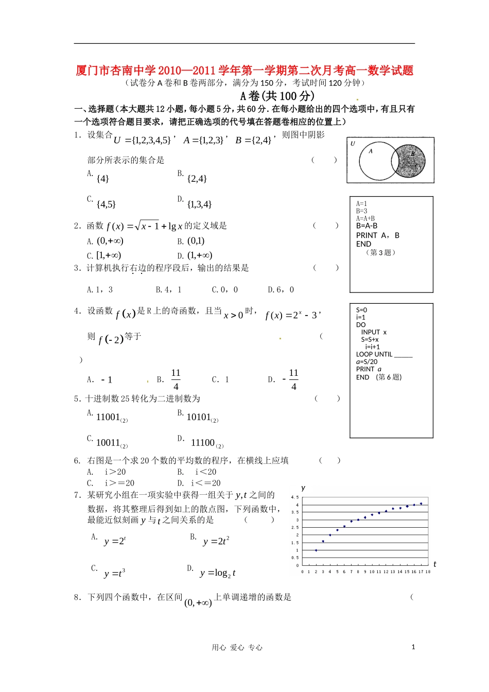 福建省厦门市杏南中学10-11学年高一数学12月月考试题新人教A版【会员独享】_第1页