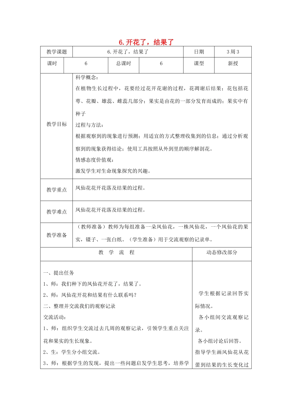 三年级科学下册 1.6《开花了，结果了》教案 教科版-教科版小学三年级下册自然科学教案_第1页