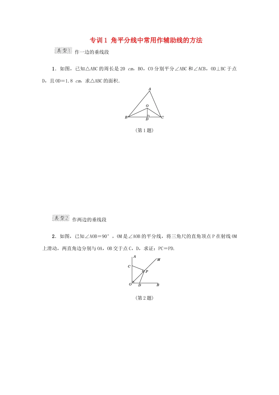 甘肃省秦安县高考数学一轮复习 专训1 角平分线中常用作辅助线的方法-人教版高三全册数学试题_第1页