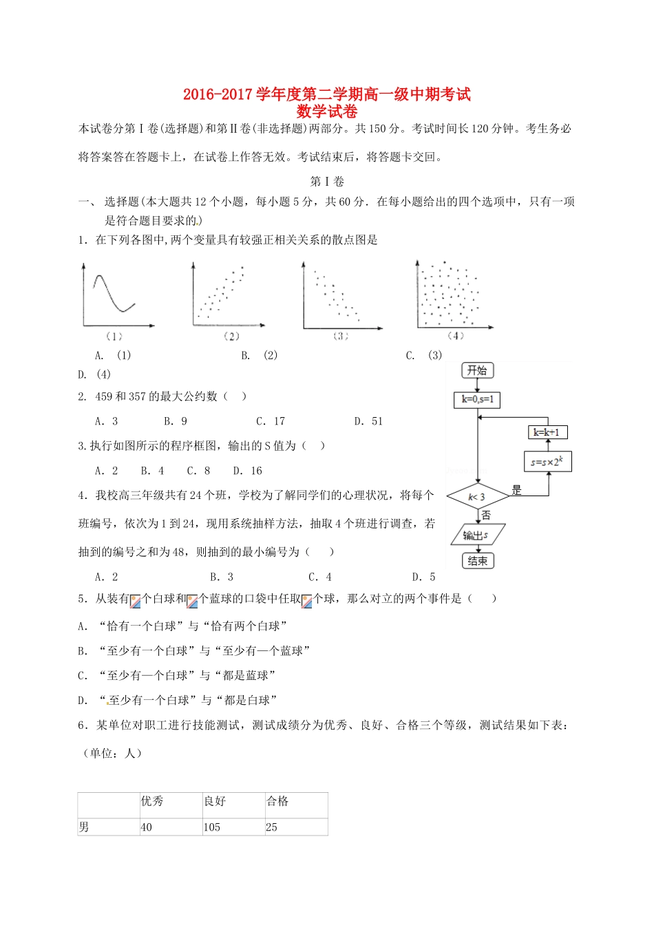 甘肃省白银市会宁县高一数学下学期期中试题-人教版高一全册数学试题_第1页