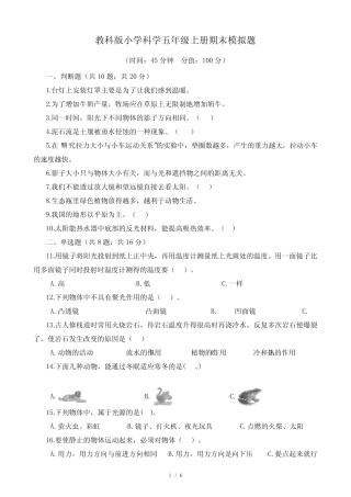 2023年教科版小学科学五年级上册期末模拟题 
