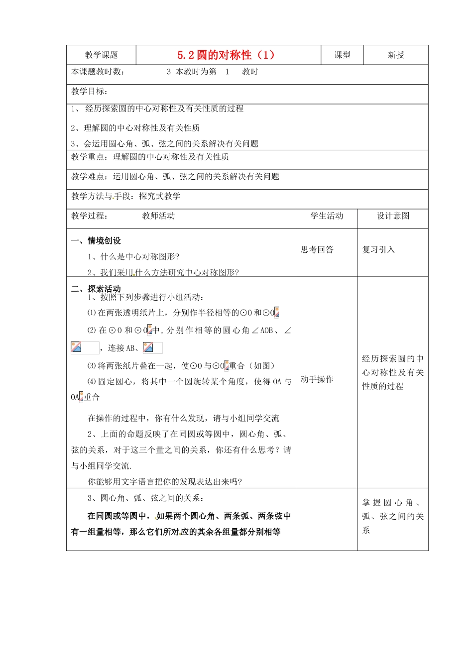 江苏省昆山市锦溪中学九年级数学上册 5.2 圆的对称性（1）教案 苏科版_第1页