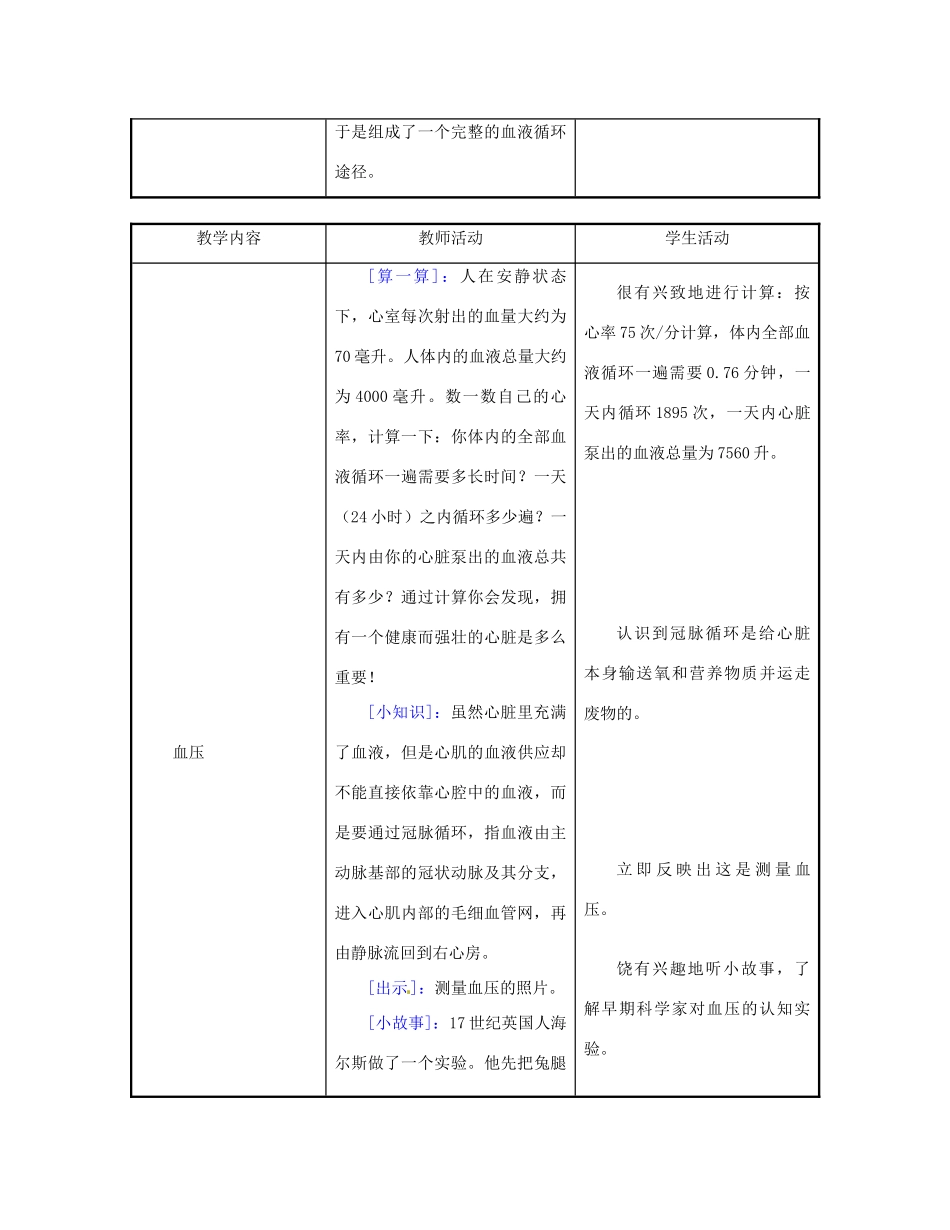 江苏省东台市唐洋镇中学七年级生物下册《10.2 血液循环》教案3 苏教版_第3页