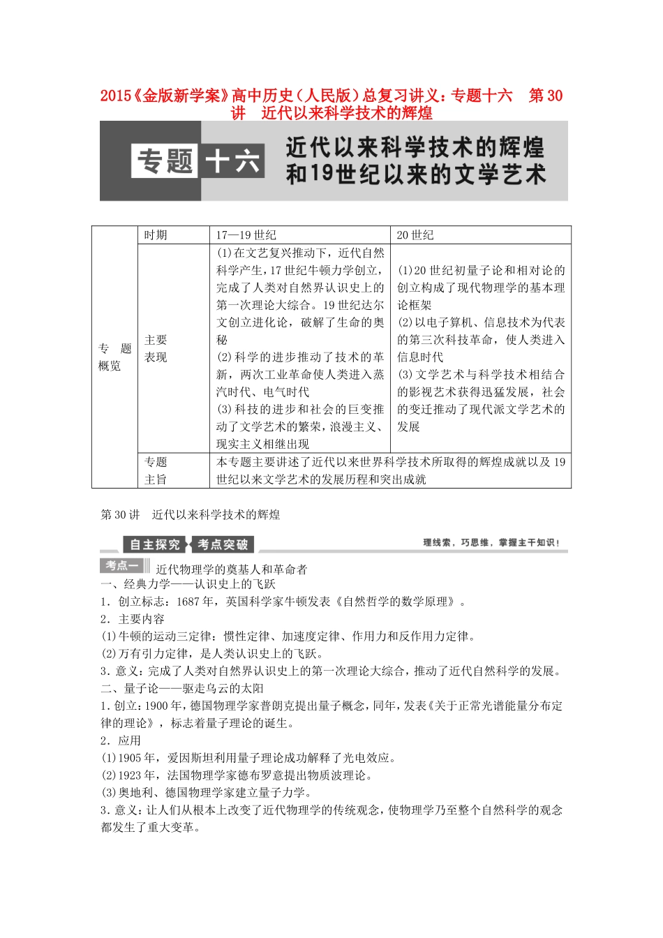 【金版新学案】2015高考历史总复习讲义 专题十六第30讲 近代以来科学技术的辉煌 人民版_第1页