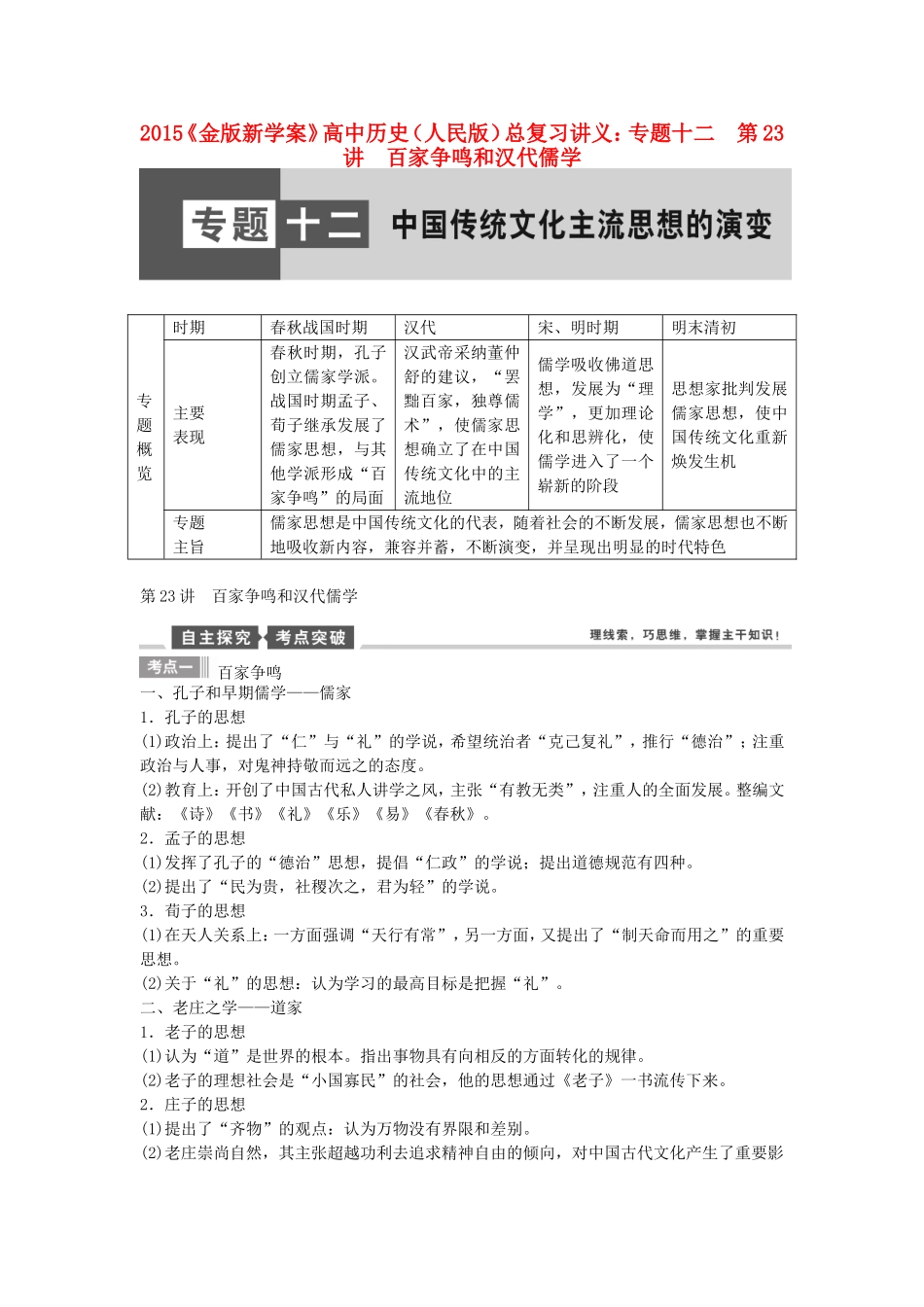 【金版新学案】2015高考历史总复习讲义 专题十二第23讲 百家争鸣和汉代儒学 人民版_第1页