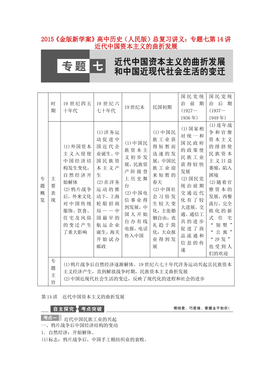 【金版新学案】2015高考历史总复习讲义 专题七第14讲 近代中国资本主义的曲折发展 人民版_第1页