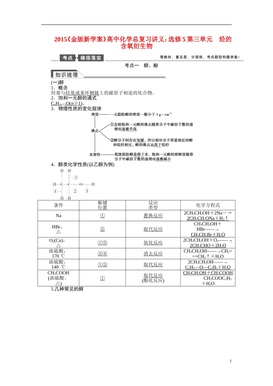 【金版新学案】2015届高考化学总复习讲义 第三单元 烃的含氧衍生物 苏教版选修5_第1页