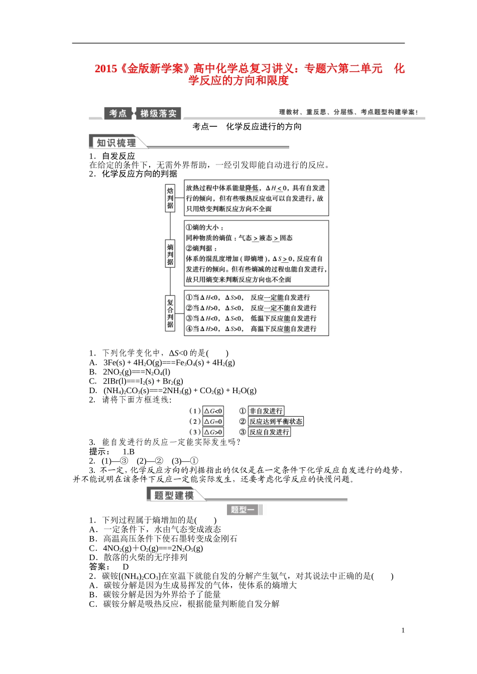 【金版新学案】2015届高考化学总复习讲义 专题六第二单元 化学反应的方向和限度 苏教版_第1页