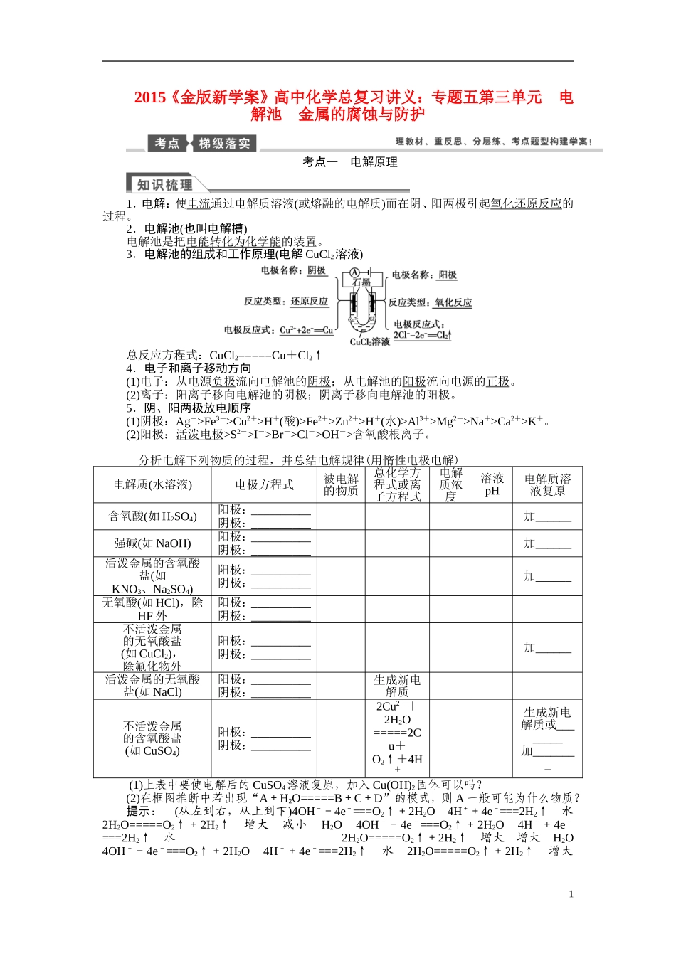 【金版新学案】2015届高考化学总复习讲义 专题五第三单元 电解池 金属的腐蚀与防护 苏教版_第1页