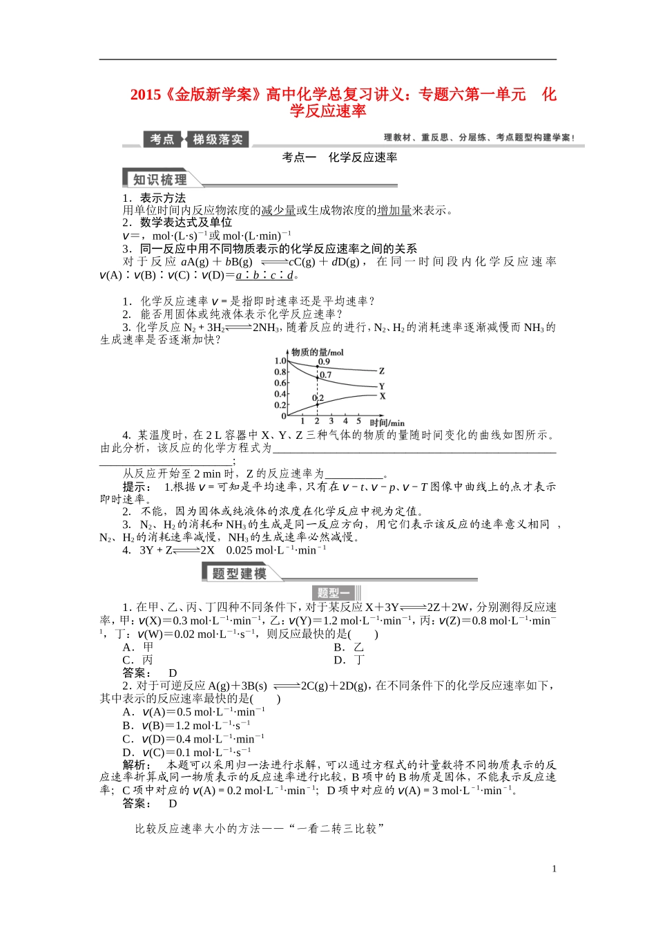 【金版新学案】2015届高考化学总复习讲义 专题六第一单元 化学反应速率 苏教版_第1页