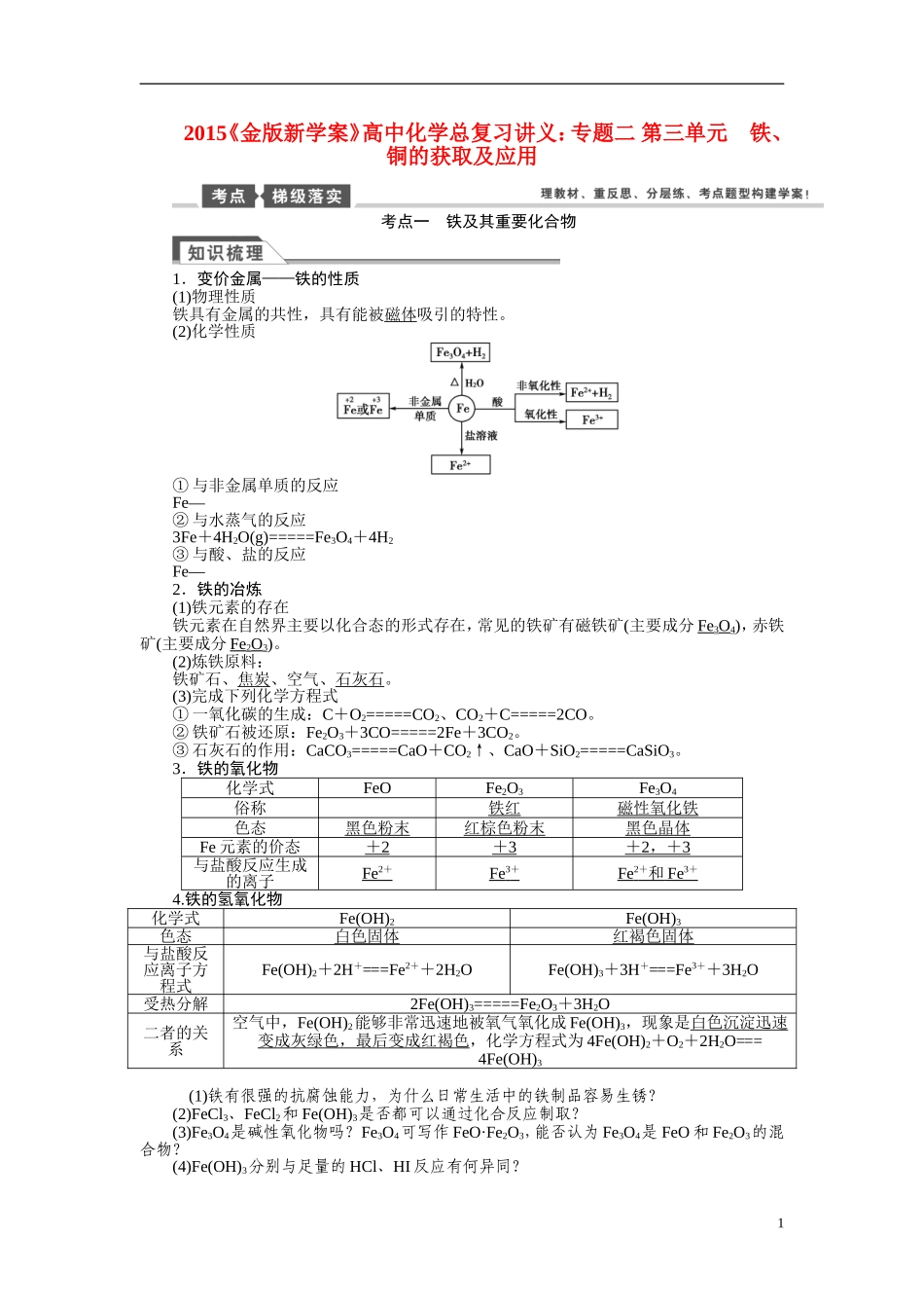 【金版新学案】2015届高考化学总复习讲义 专题二 第三单元 铁、铜的获取及应用 苏教版_第1页