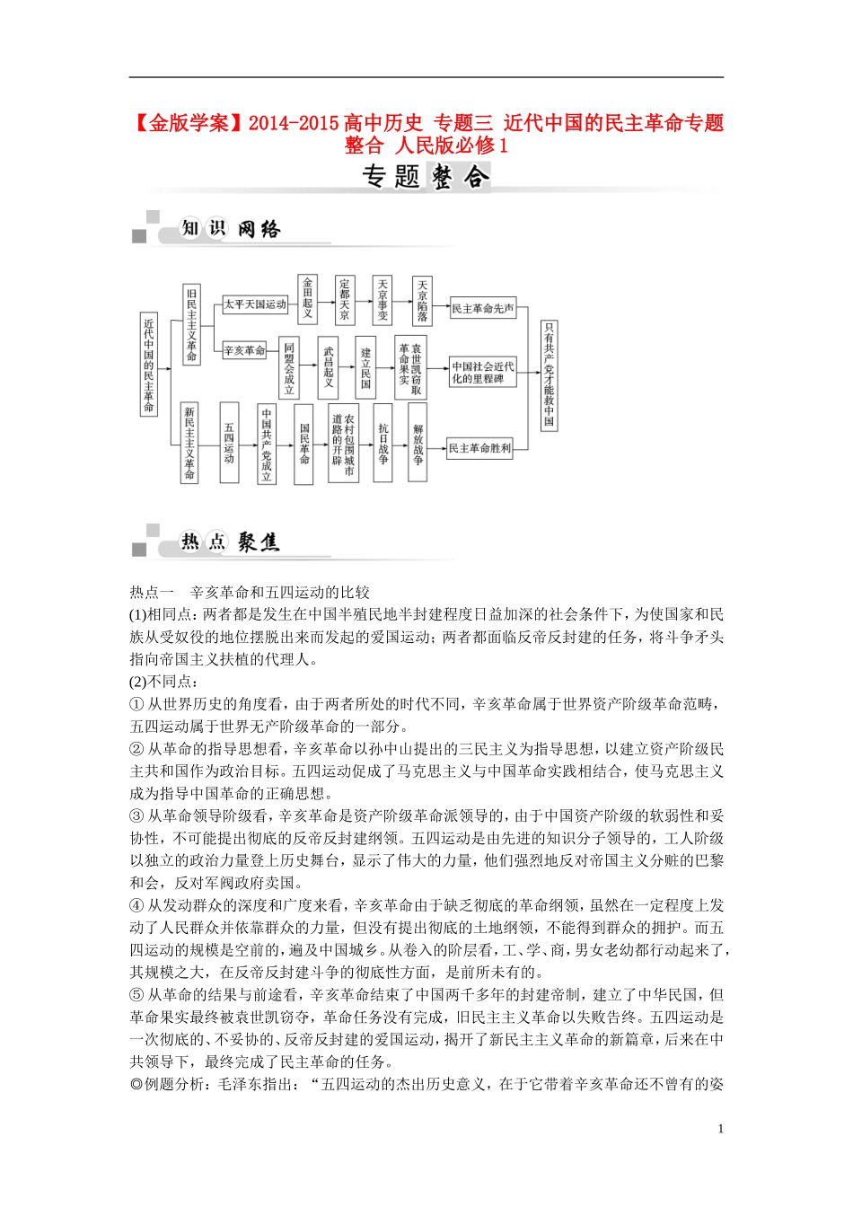 【金版学案】2014-2015高中历史 专题三 近代中国的民主革命专题整合 人民版必修1_第1页