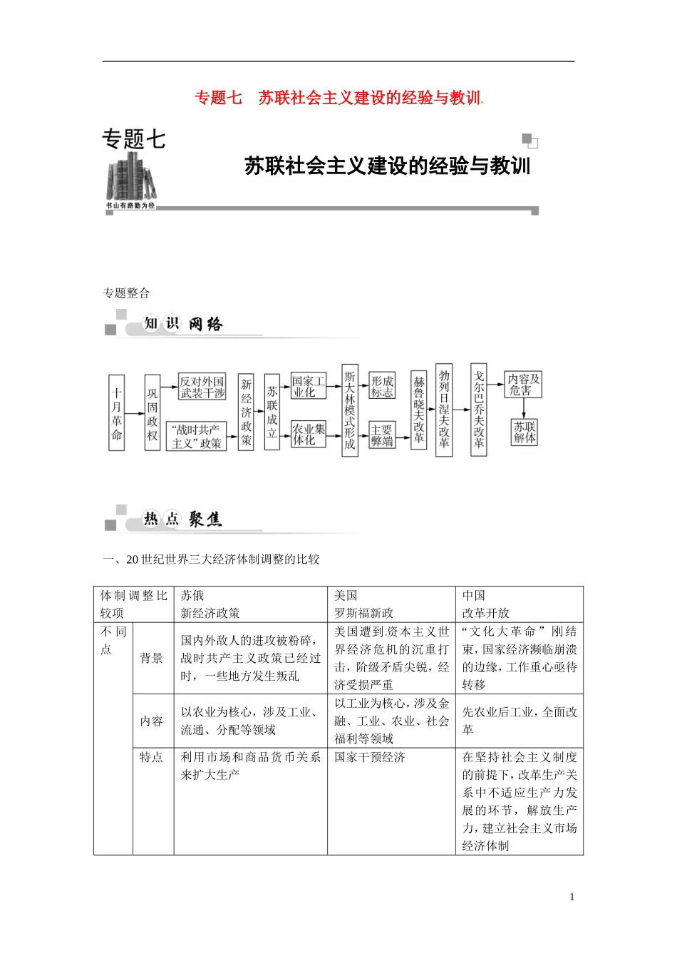 【金版学案】2014-2015学年高中历史 专题七 苏联社会主义建设的经验与教训专题整合 人民版必修2_第1页