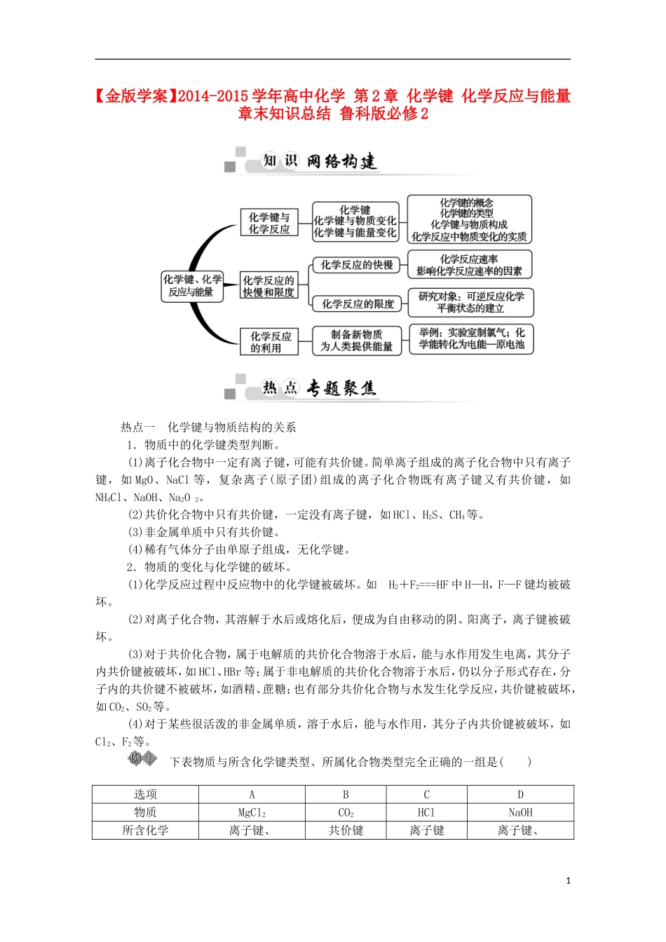 【金版学案】2014-2015学年高中化学 第2章 化学键 化学反应与能量章末知识总结 鲁科版必修2_第1页
