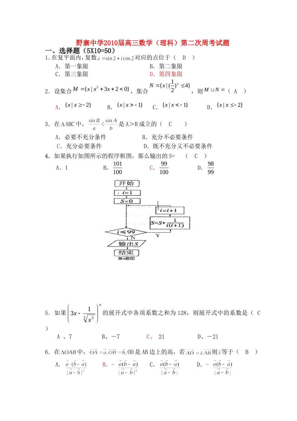 安徽省野寨中学高三数学周考（2）试题及答案人教版_第1页