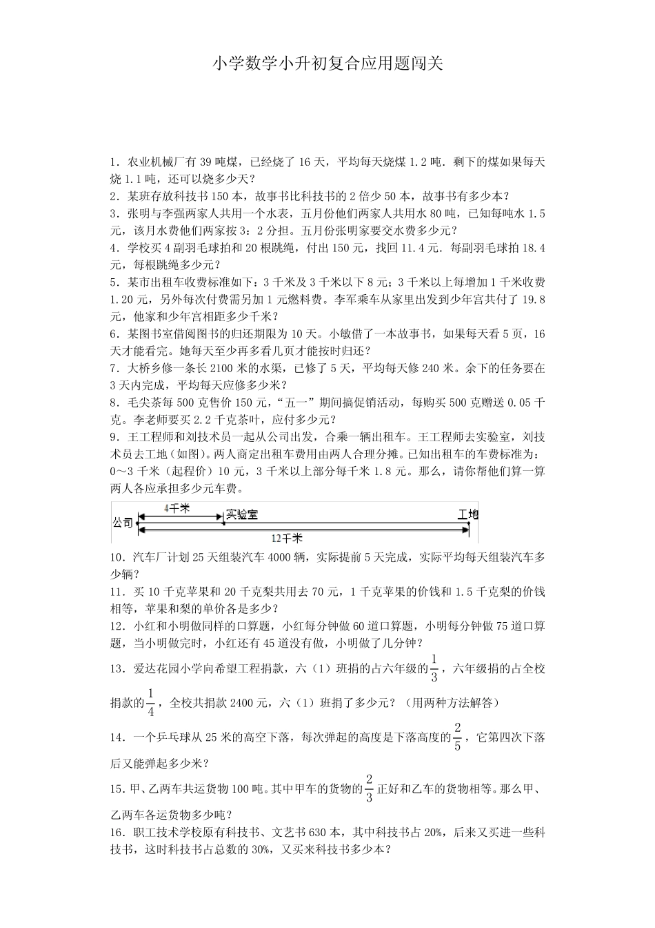 【小升初专项】人教版小学数学六年级下册 一课一练 复合应用题闯关(附_第1页