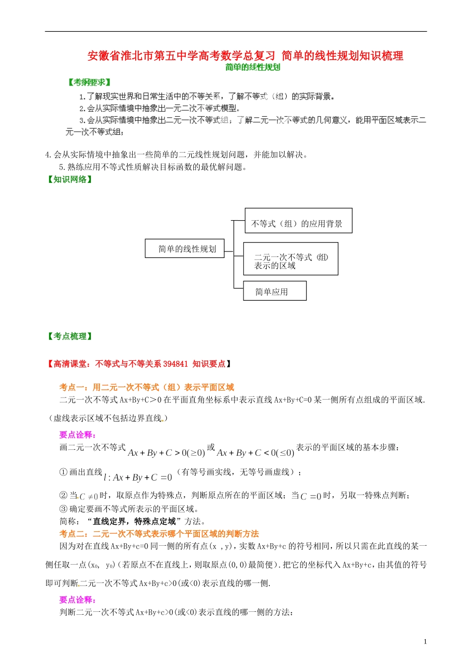 安徽省淮北市第五中学高考数学总复习 简单的线性规划知识梳理_第1页