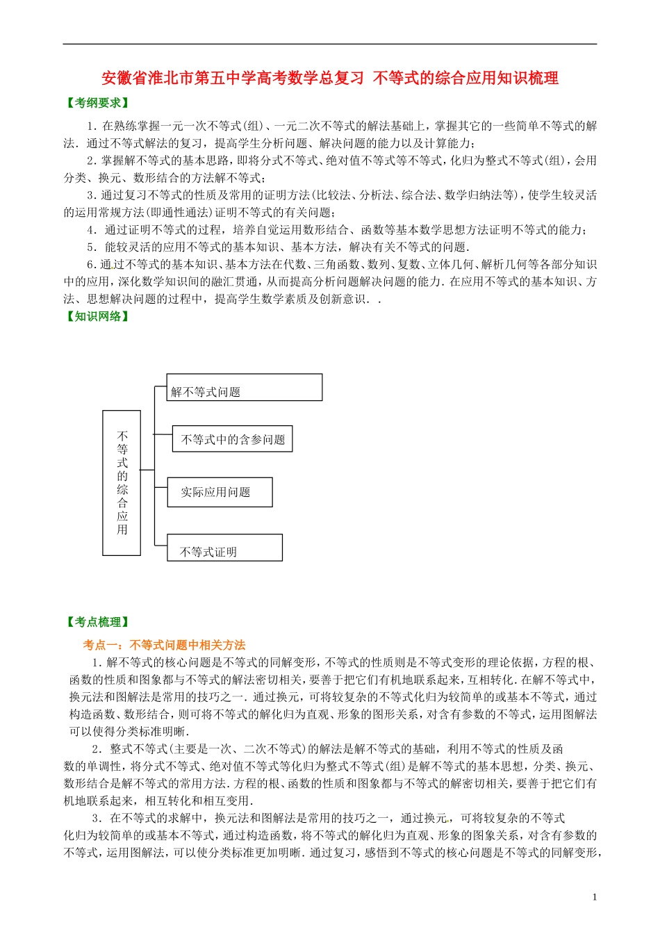 安徽省淮北市第五中学高考数学总复习 不等式的综合应用知识梳理_第1页