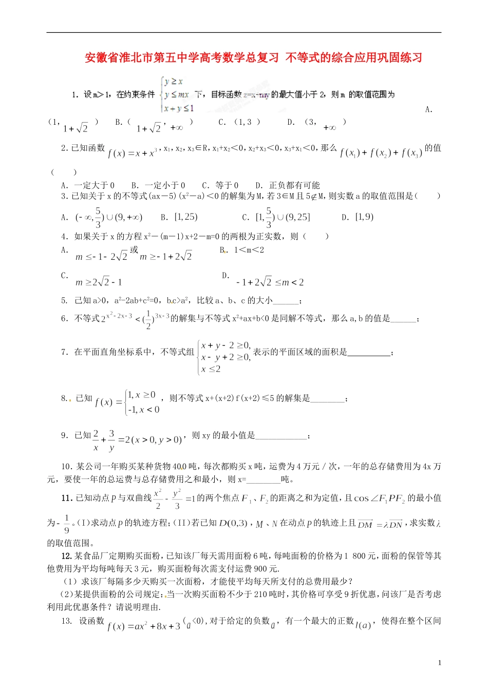 安徽省淮北市第五中学高考数学总复习 不等式的综合应用巩固练习_第1页