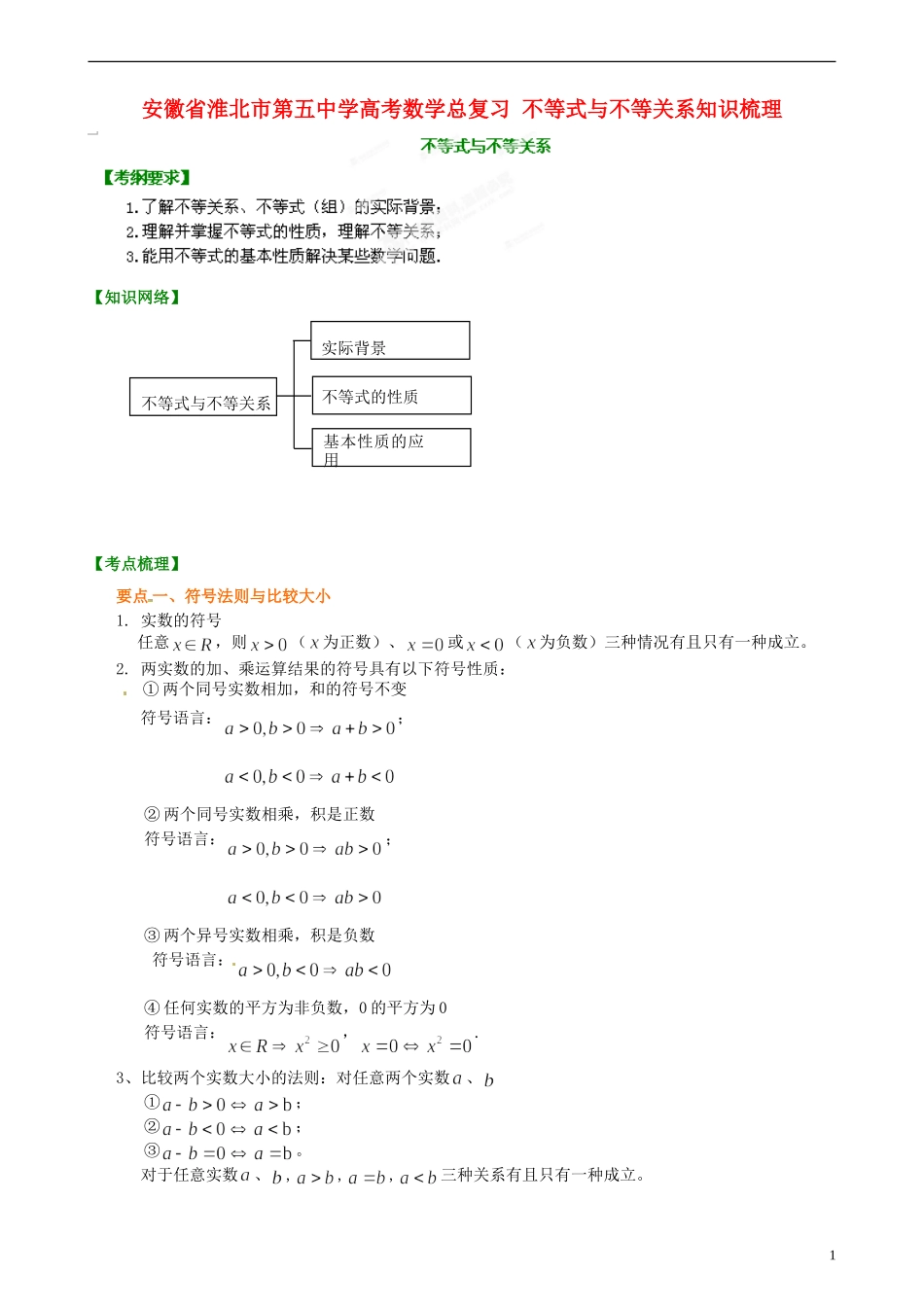 安徽省淮北市第五中学高考数学总复习 不等式与不等关系知识梳理_第1页