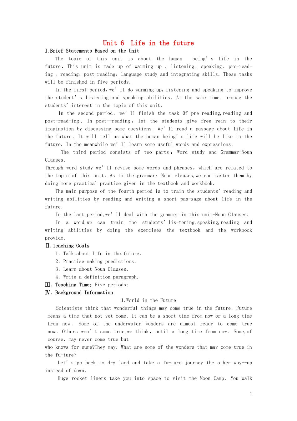 【精品】高中英语（人教大纲）第二册上：Unit6 Life in the future(第一课时)_第1页