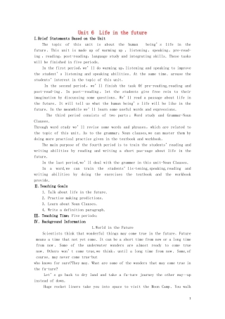 【精品】高中英语（人教大纲）第二册上：Unit6 Life in the future(第一课时)