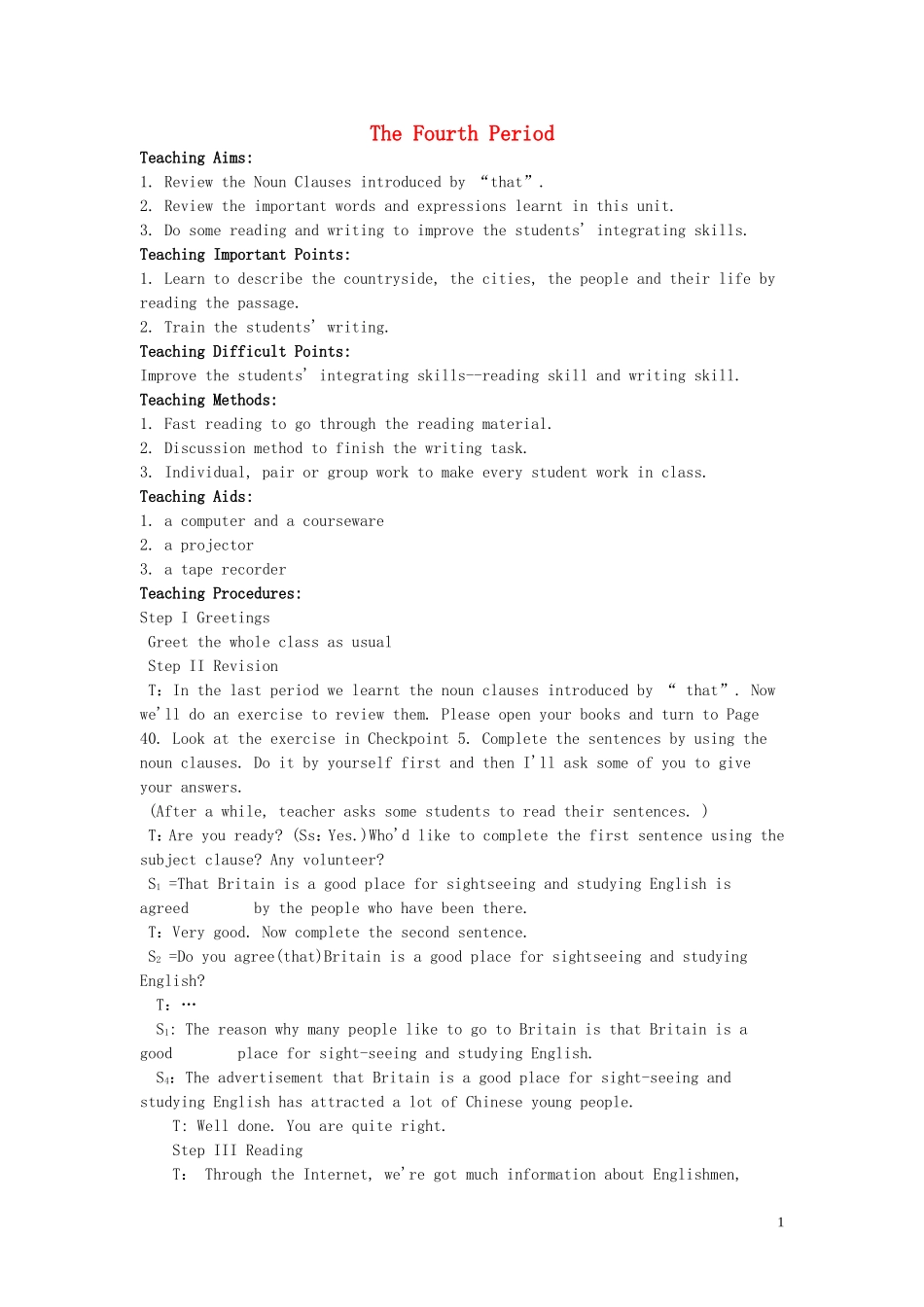 【精品】高中英语（人教大纲）第二册上：Unit5 The British Isles(第四课时)_第1页