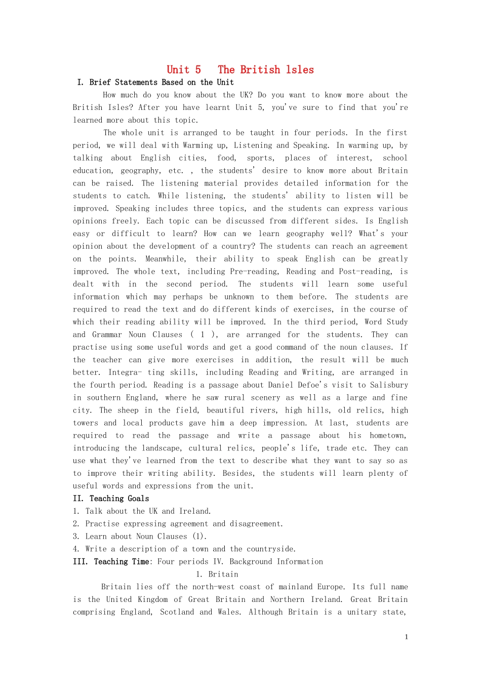 【精品】高中英语（人教大纲）第二册上：Unit5 The British Isles(第一课时)_第1页