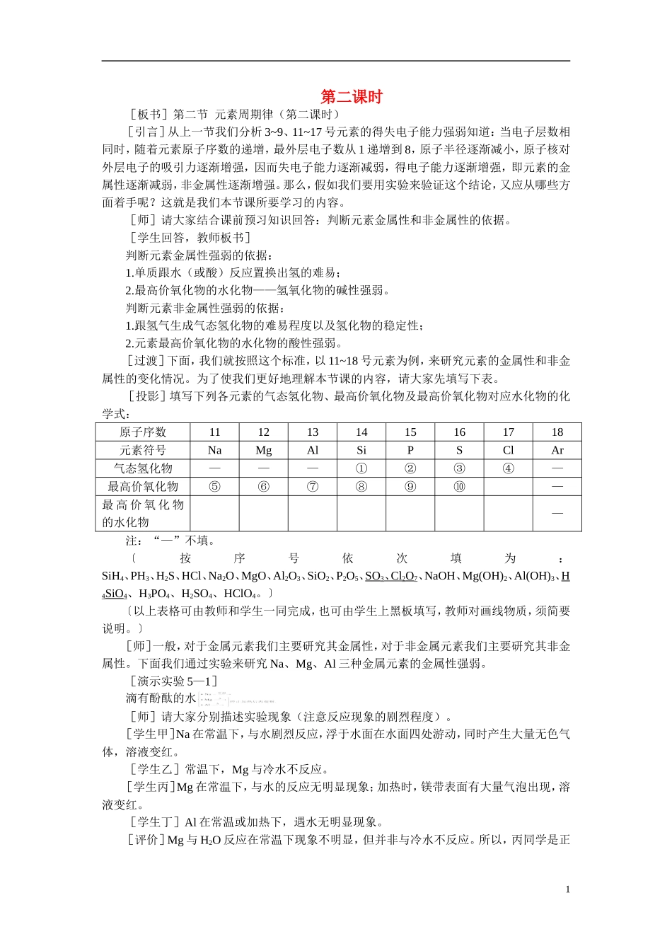 【精品】高中化学（大纲版）第一册 第五章  物质结构  元素周期律 第二节元素周期律(第二课时)_第1页