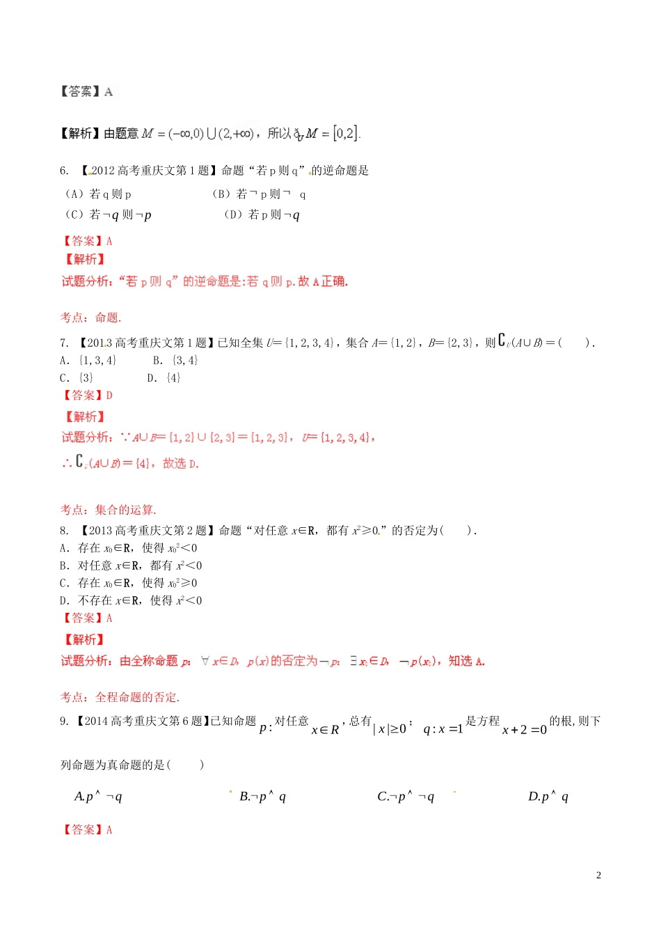 备战（重庆版）高考数学分项汇编 专题01 集合与常用逻辑用语（含解析）文-人教版高三全册数学试题_第2页