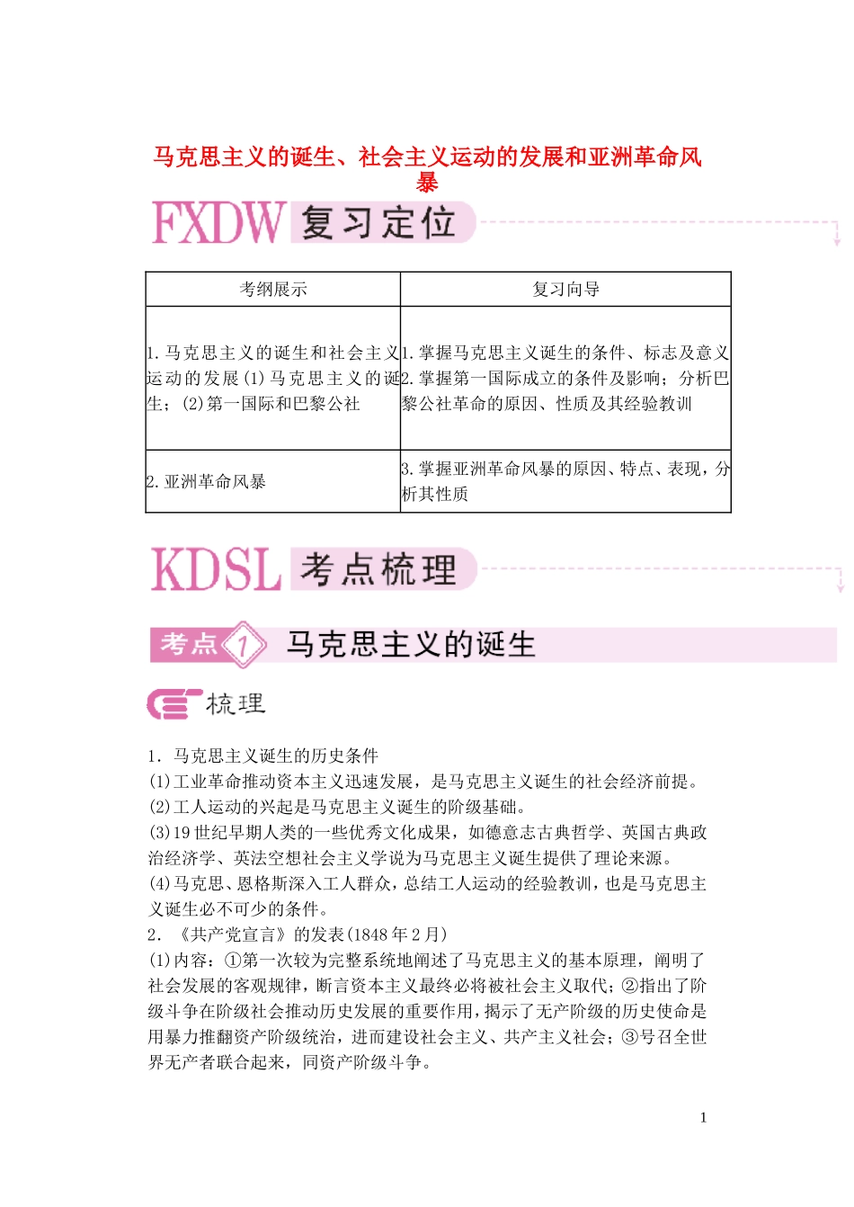 【精品】备考2011高考历史高效学习方案历史考点专项突破 马克思主义的诞生、社会主义运动的发展和亚洲革命风暴 人教版_第1页