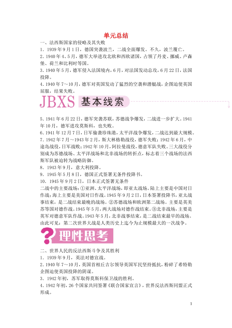 【精品】备考2011高考历史高效学习方案历史考点专项突破 第19单元总结 20世纪三十年代的动荡和第二次世界大战 人教版_第1页