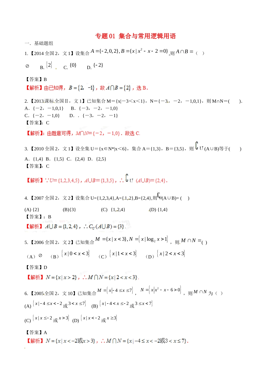 备战（新课标Ⅱ版）高考数学分项汇编 专题01 集合与常用逻辑用语（含解析）文-人教版高三全册数学试题_第1页