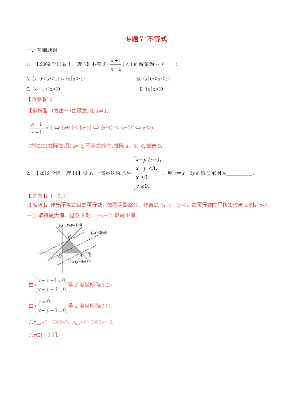 备战（新课标I版）高考数学分项汇编 专题7 不等式（含解析）理-人教版高三全册数学试题_第1页