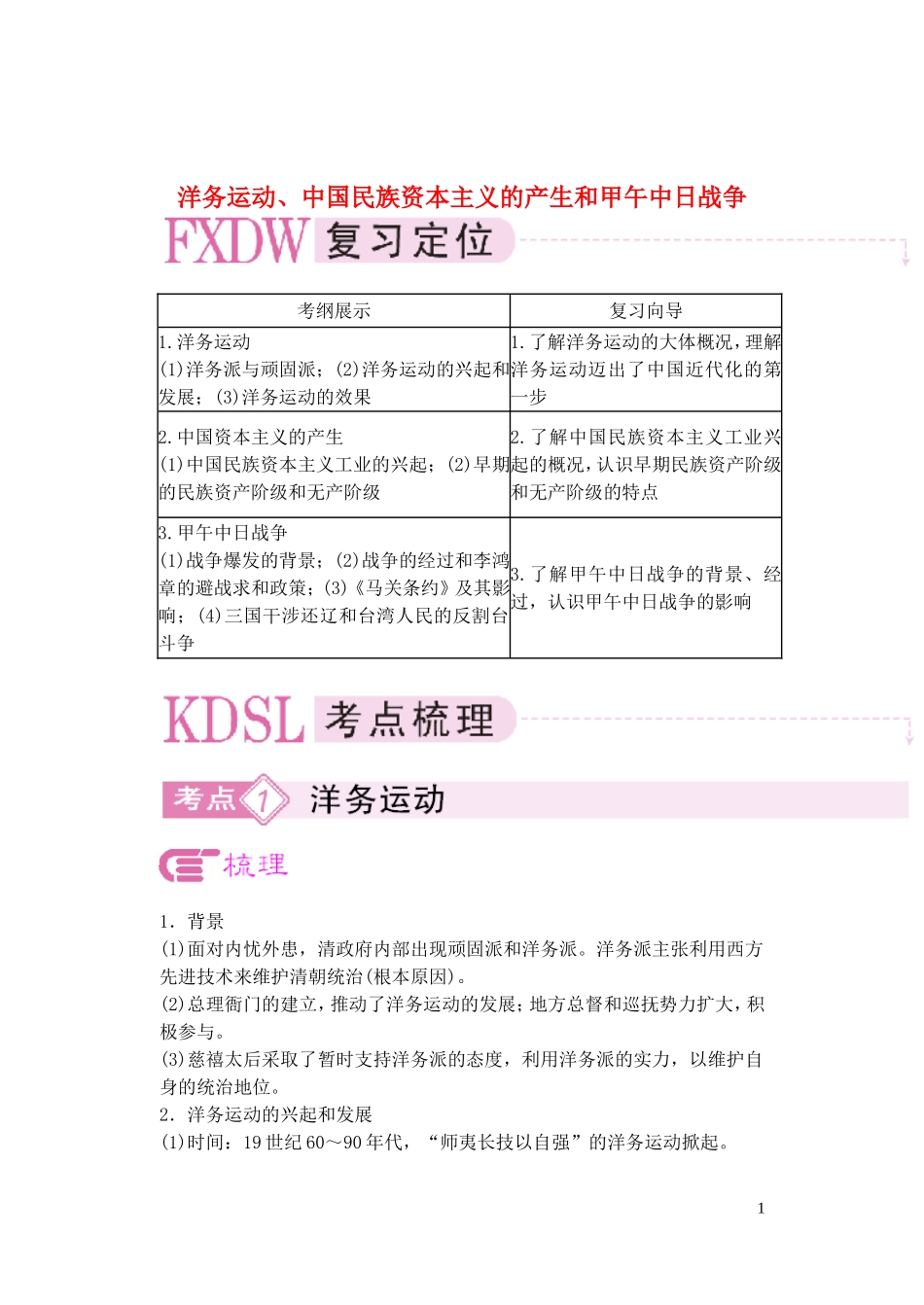 【精品】备考2011高考历史高效学习方案历史考点专项突破 洋务运动、中国民族资本主义的产生和甲午中日战争 人教版_第1页