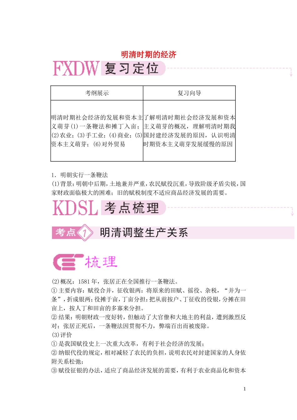 【精品】备考2011高考历史高效学习方案历史考点专项突破 明清时期的经济 人教版_第1页