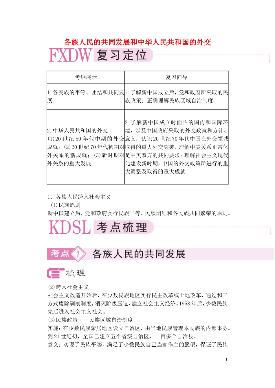 【精品】备考2011高考历史高效学习方案历史考点专项突破 各族人民的共同发展和中华人民共和国的外交 人教版_第1页